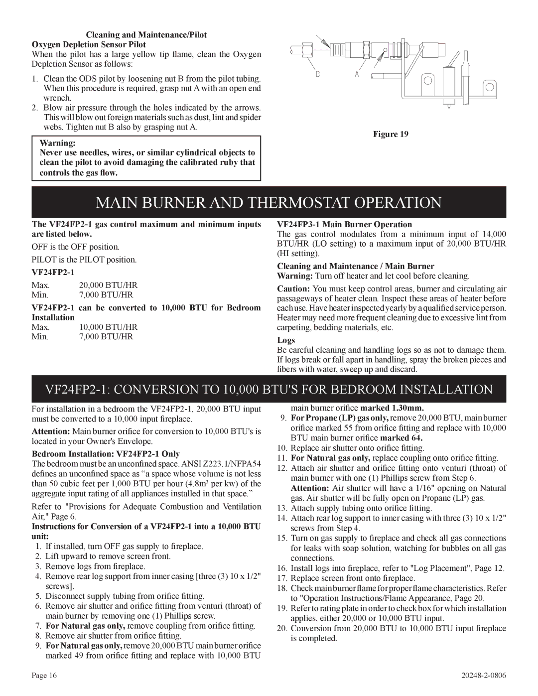 Empire Comfort Systems VF24FP2-1 Main Burner and Thermostat Operation, VF24FP3-1 Main Burner Operation 