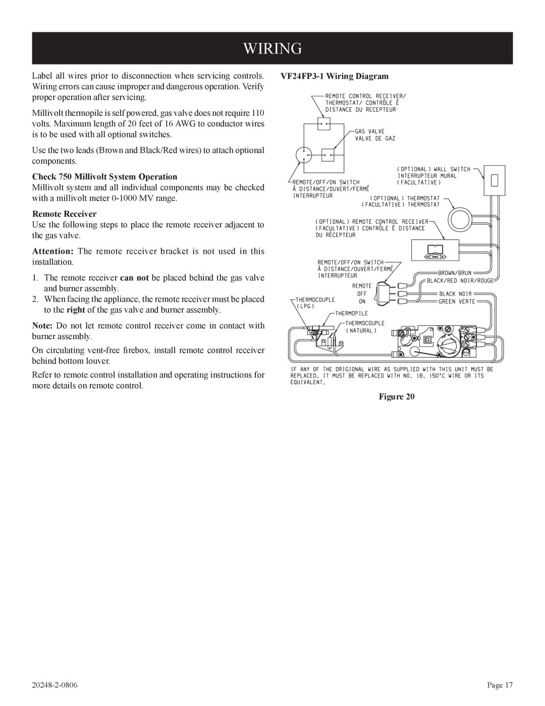 Empire Comfort Systems VF24FP3-1, VF24FP2-1 installation instructions Check 750 Millivolt System Operation, Remote Receiver 