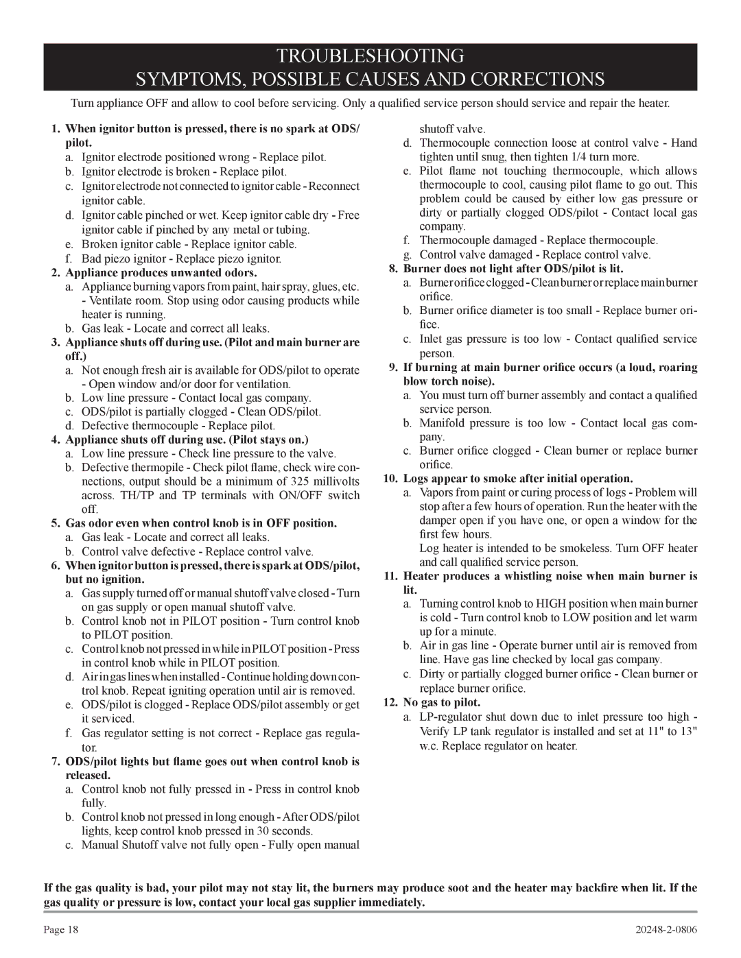 Empire Comfort Systems VF24FP2-1 Appliance produces unwanted odors, Appliance shuts off during use. Pilot stays on 