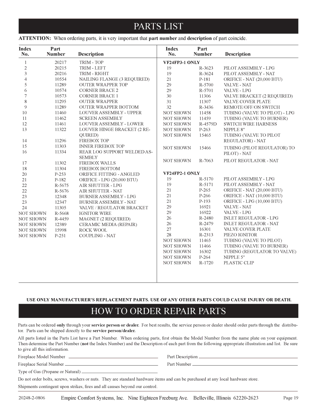 Empire Comfort Systems VF24FP3-1, VF24FP2-1 Parts List, HOW to Order Repair Parts, Index Part Description Number 