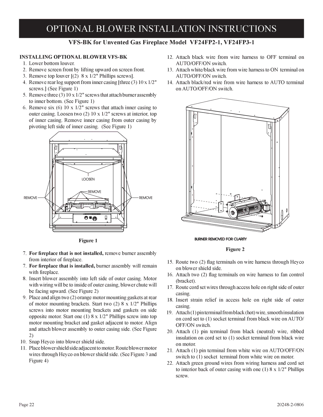 Empire Comfort Systems VF24FP2-1, VF24FP3-1 Optional Blower Installation Instructions, Installing Optional Blower VFS-BK 