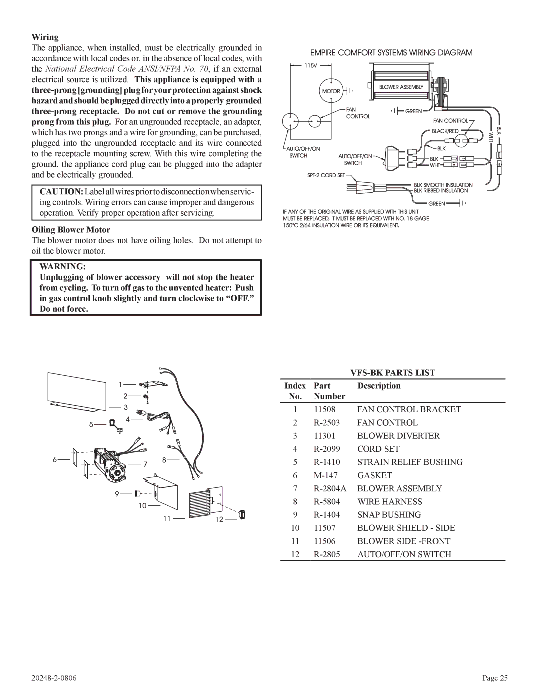 Empire Comfort Systems VF24FP3-1, VF24FP2-1 installation instructions Wiring, Oiling Blower Motor, VFS-BK Parts List 