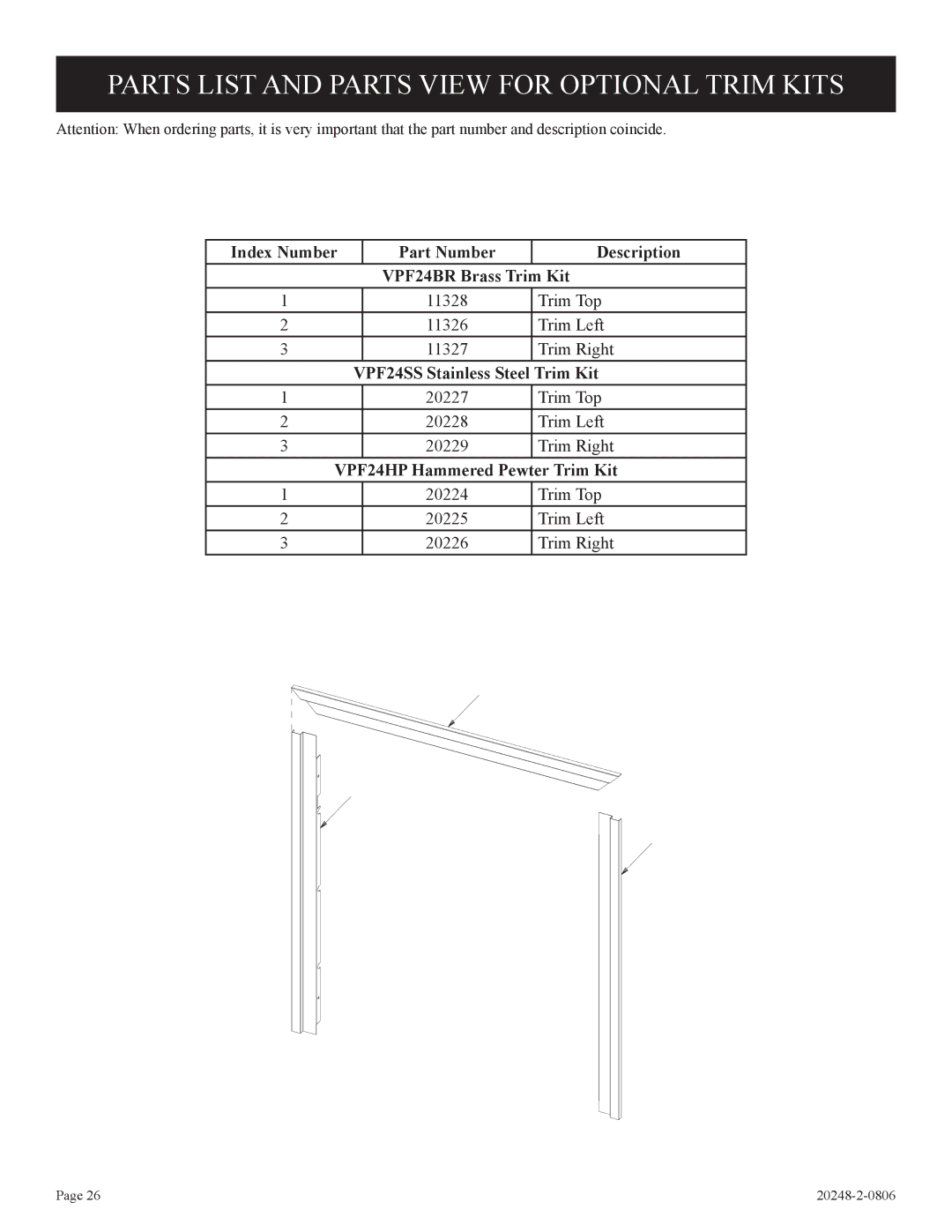 Empire Comfort Systems VF24FP2-1, VF24FP3-1 Parts List and Parts View for Optional Trim Kits, VPF24SS Stainless Steel 