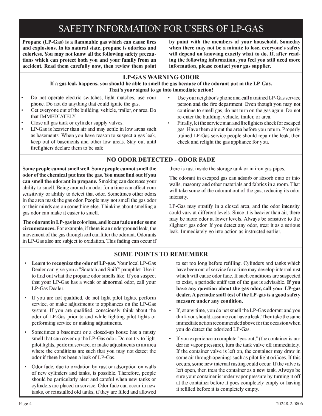 Empire Comfort Systems VF24FP2-1, VF24FP3-1 Safety Information for Users of LP-GAS, LP-GAS Warning Odor 