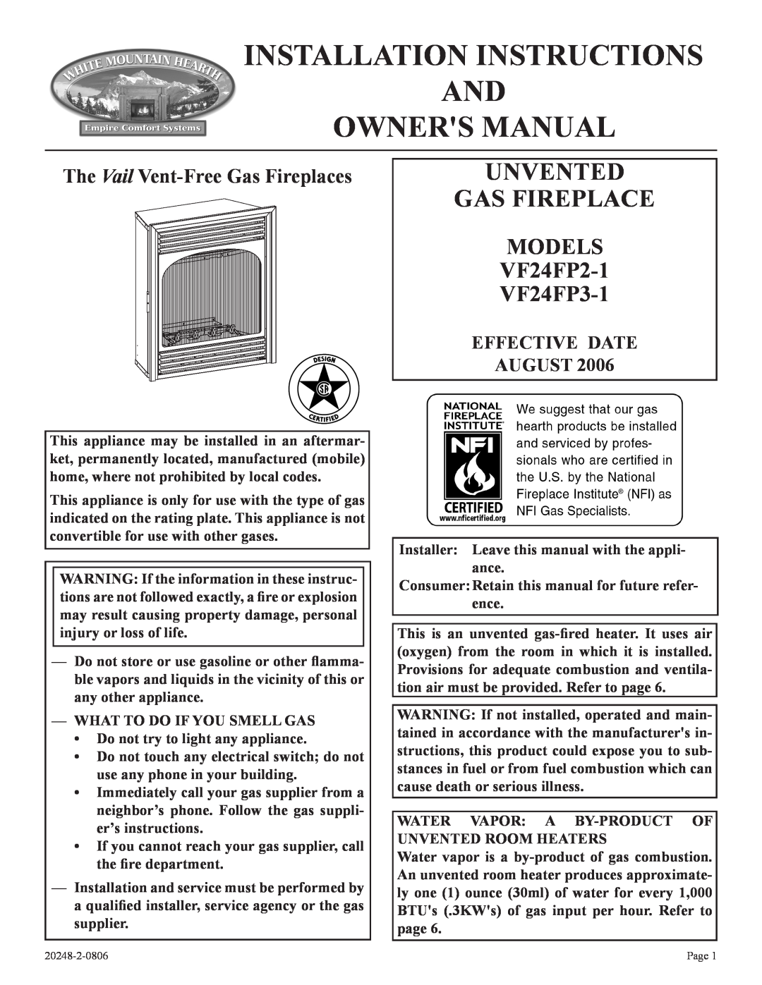 Empire Comfort Systems installation instructions MODELS VF24FP2-1 VF24FP3-1, Effective Date August 