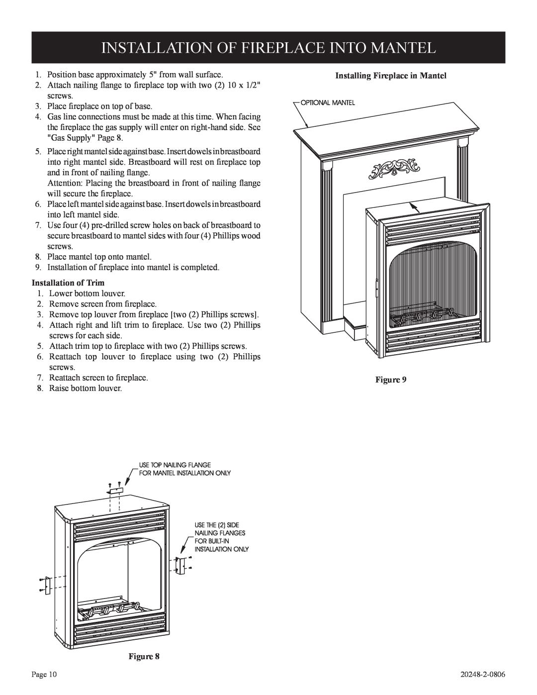 Empire Comfort Systems VF24FP2-1, VF24FP3-1 Installation Of Fireplace Into Mantel, Installation of Trim 