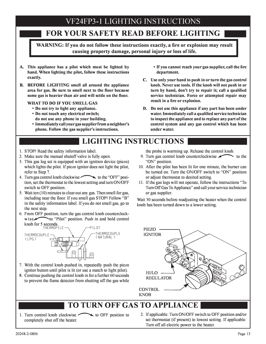 Empire Comfort Systems VF24FP3-1LIGHTING INSTRUCTIONS, For Your Safety Read Before Lighting, Lighting Instructions 
