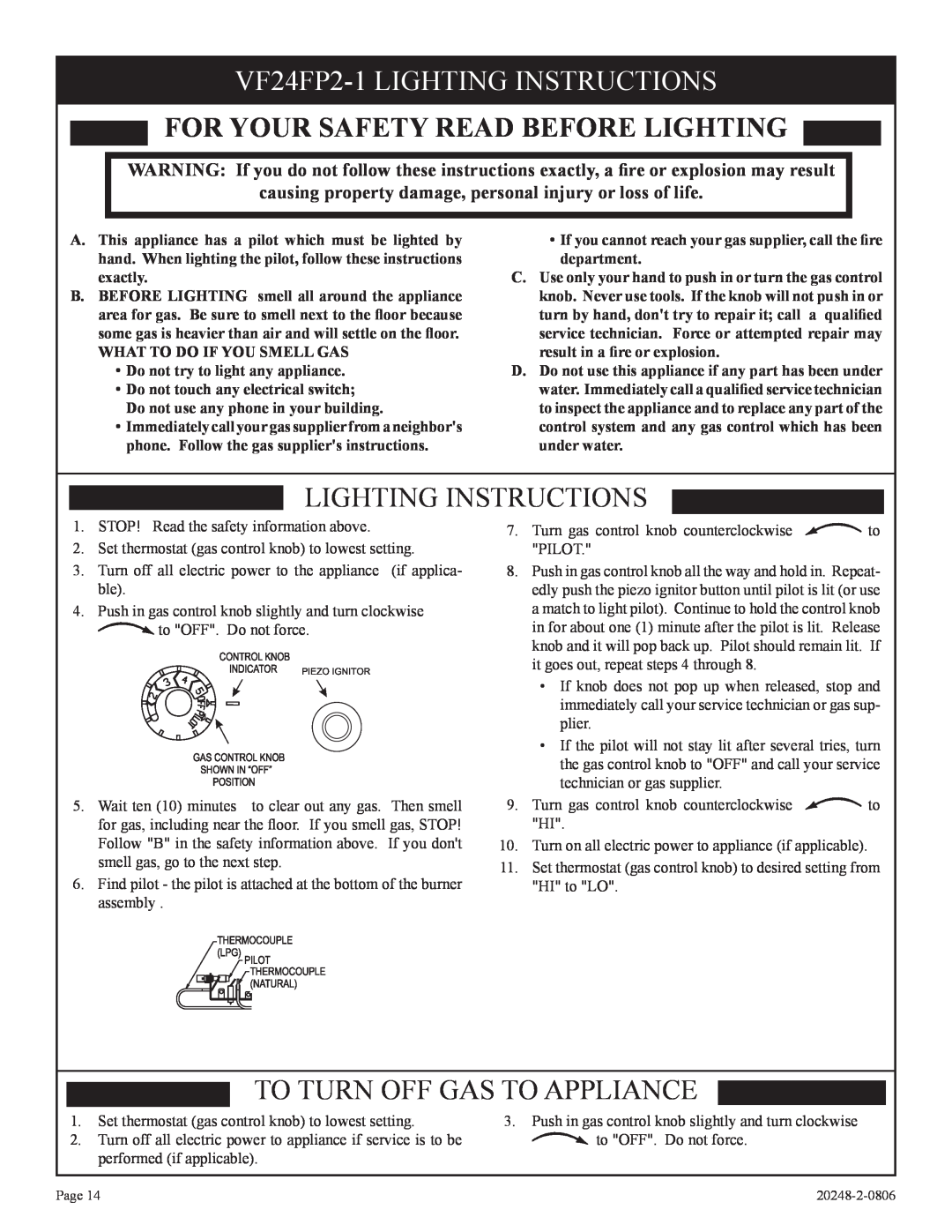 Empire Comfort Systems VF24FP2-1LIGHTING INSTRUCTIONS, For Your Safety Read Before Lighting, Lighting Instructions 