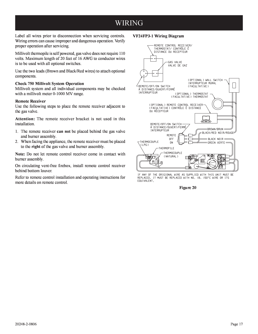 Empire Comfort Systems VF24FP2-1 VF24FP3-1Wiring Diagram, Check 750 Millivolt System Operation, Remote Receiver 