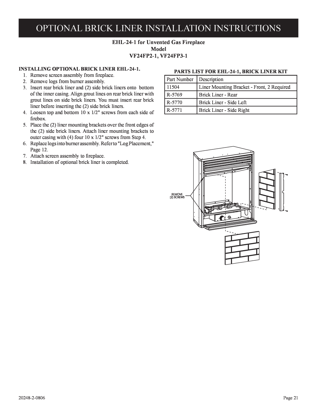 Empire Comfort Systems VF24FP3-1 Optional Brick Liner Installation Instructions, EHL-24-1for Unvented Gas Fireplace Model 