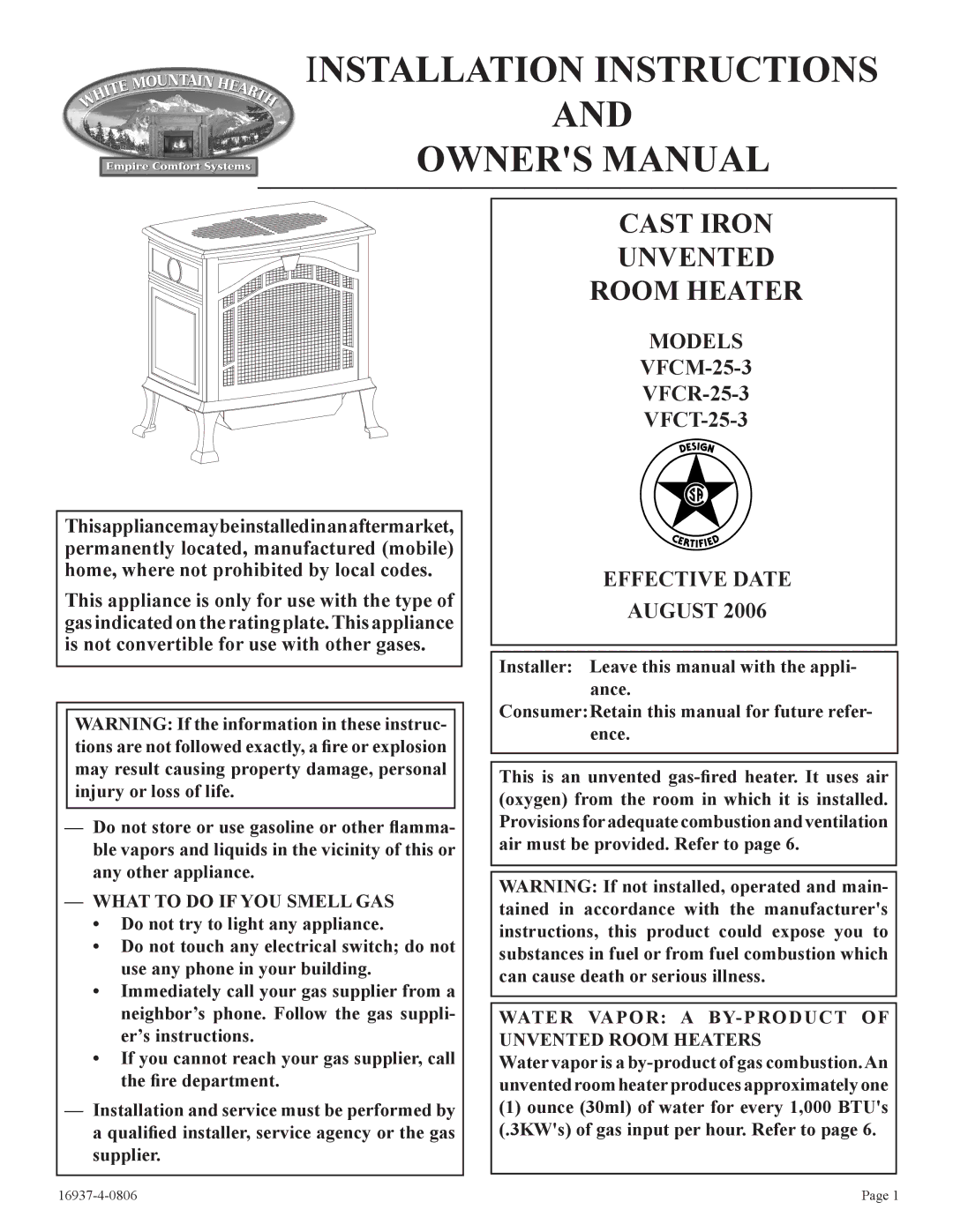 Empire Comfort Systems VFCM-25-3. VFCR-25-3, VFCT25-3 installation instructions Installation Instructions 