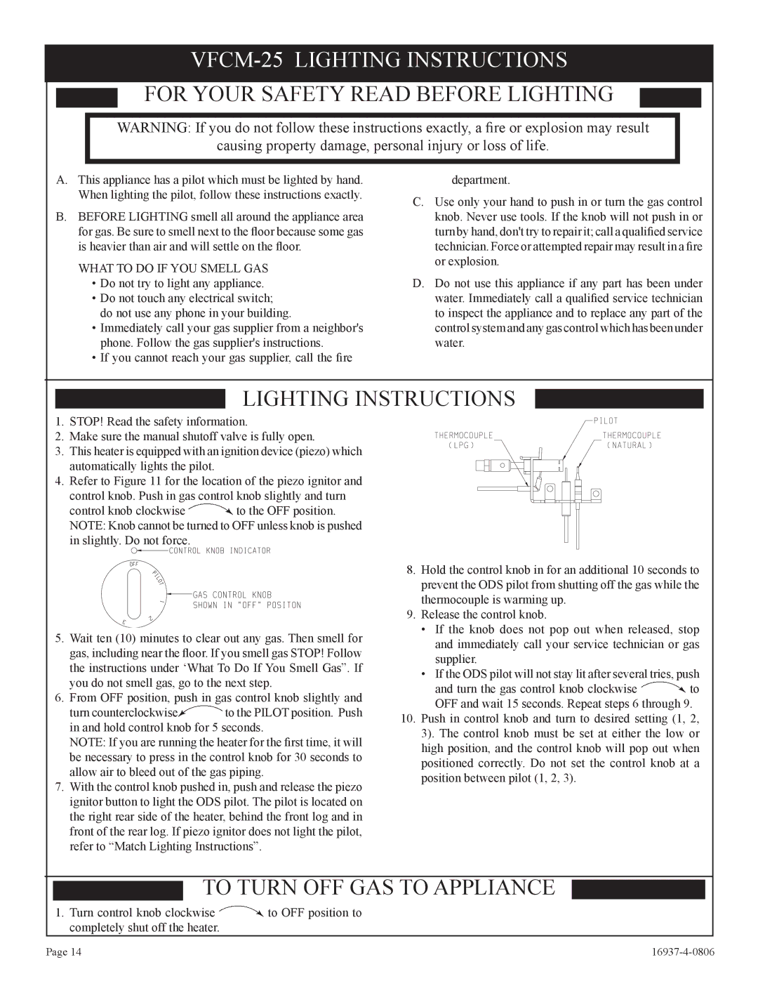 Empire Comfort Systems VFCT25-3, VFCM-25-3. VFCR-25-3 VFCM-25 Lighting Instructions, What to do if YOU Smell GAS 