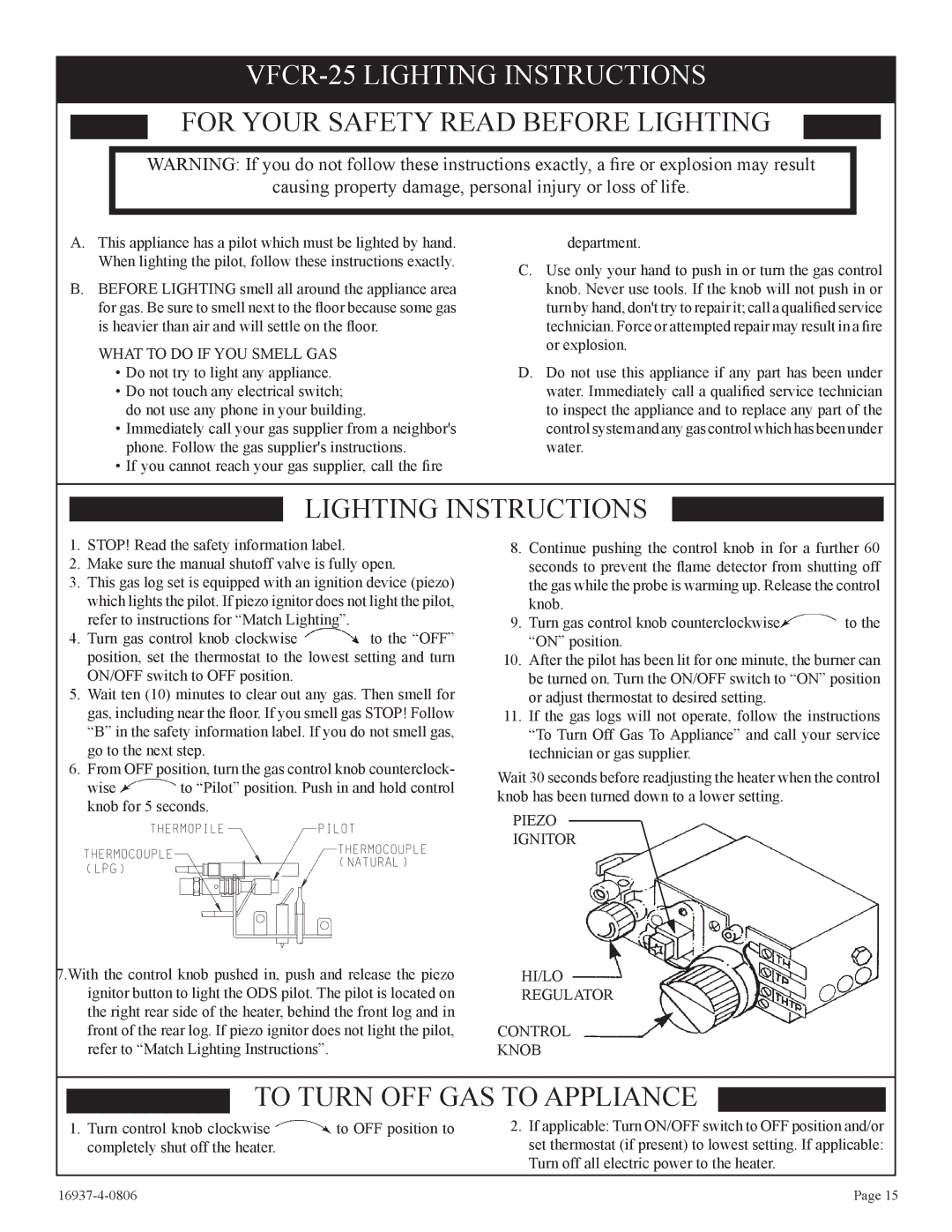 Empire Comfort Systems VFCM-25-3. VFCR-25-3 VFCR-25 Lighting Instructions, Piezo Ignitor HI/LO Regulator Control Knob 