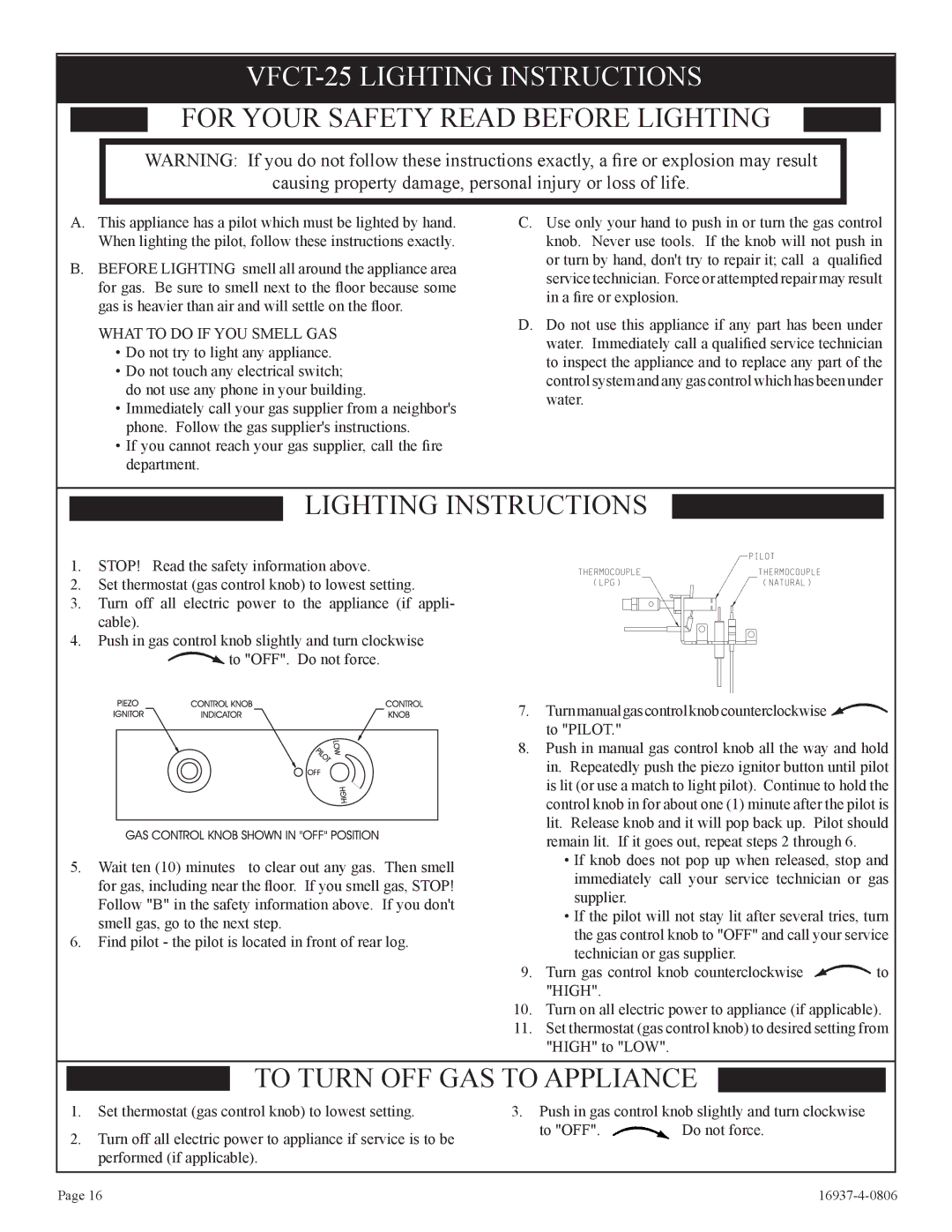 Empire Comfort Systems VFCT25-3, VFCM-25-3. VFCR-25-3 installation instructions VFCT-25 Lighting Instructions 