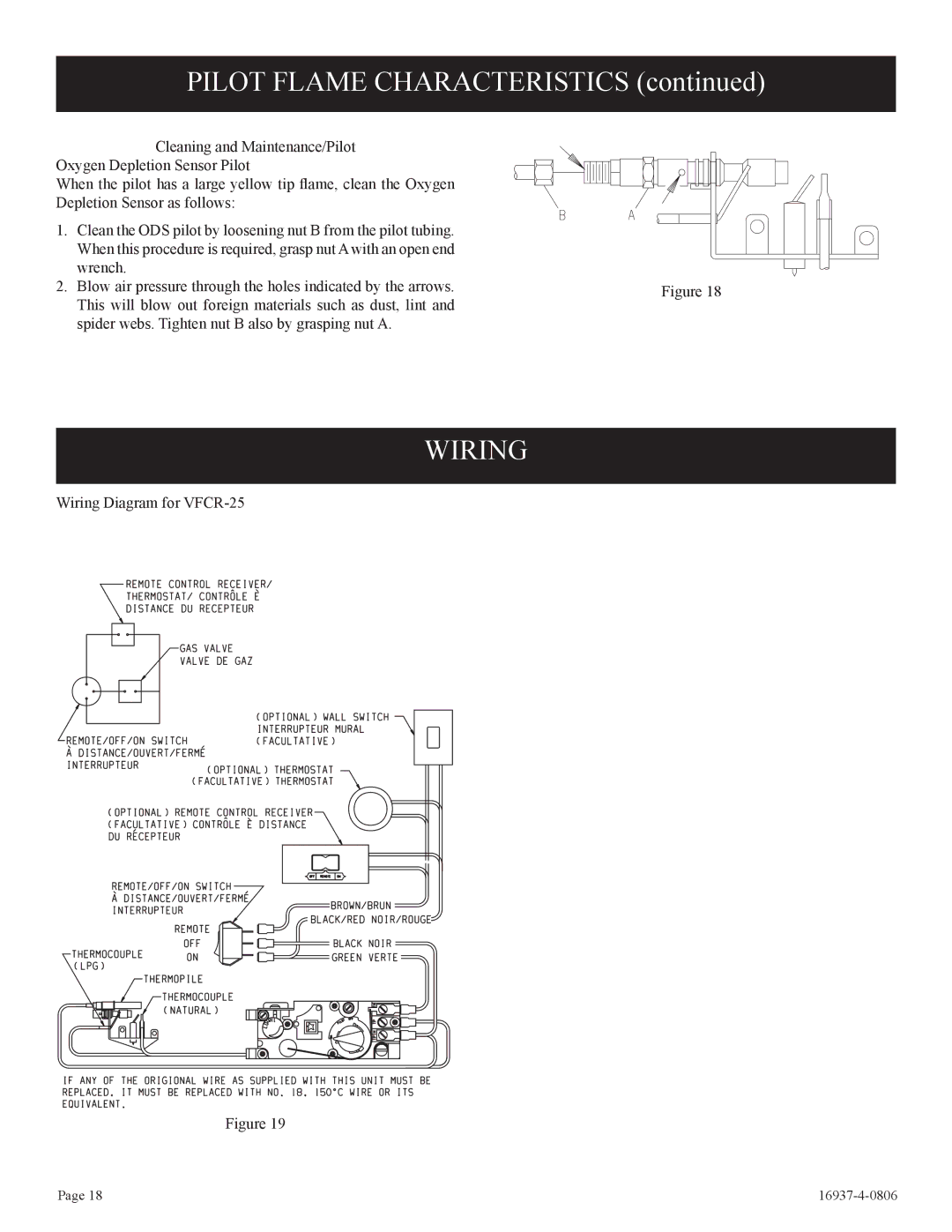 Empire Comfort Systems VFCT25-3, VFCM-25-3. VFCR-25-3 installation instructions Pilot Flame Characteristics, Wiring 