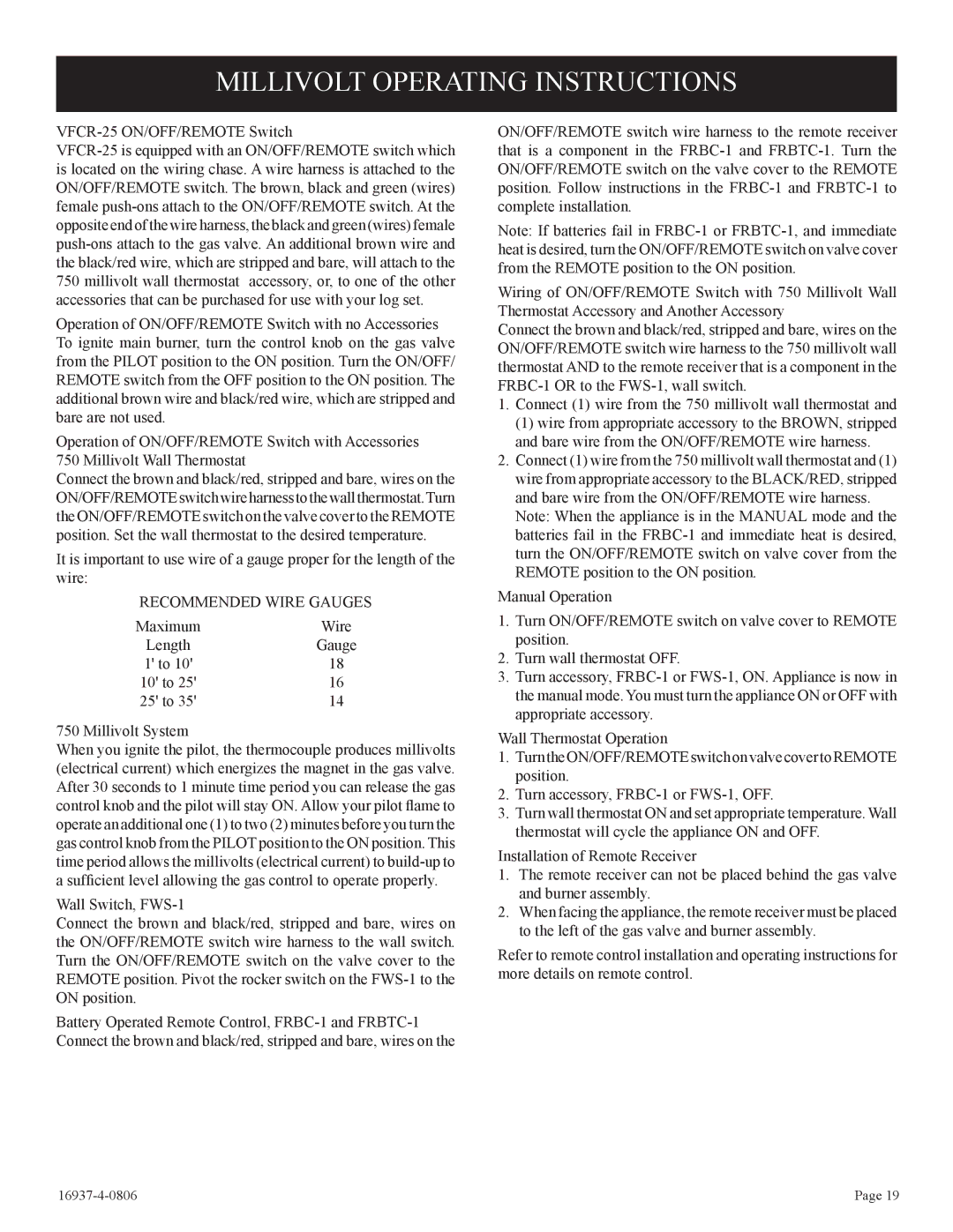 Empire Comfort Systems VFCM-25-3. VFCR-25-3, VFCT25-3 Millivolt Operating Instructions, Recommended Wire Gauges 