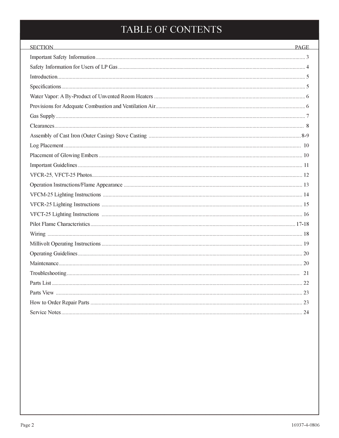 Empire Comfort Systems VFCT25-3, VFCM-25-3. VFCR-25-3 installation instructions Table of Contents 