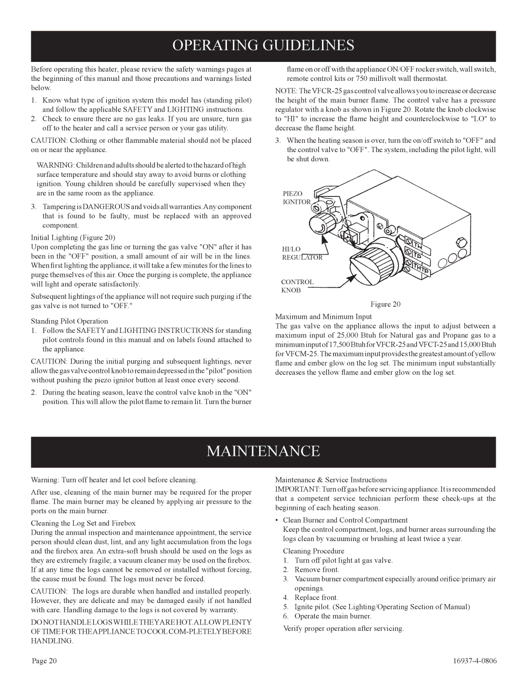 Empire Comfort Systems VFCT25-3, VFCM-25-3. VFCR-25-3 installation instructions Operating Guidelines, Maintenance 