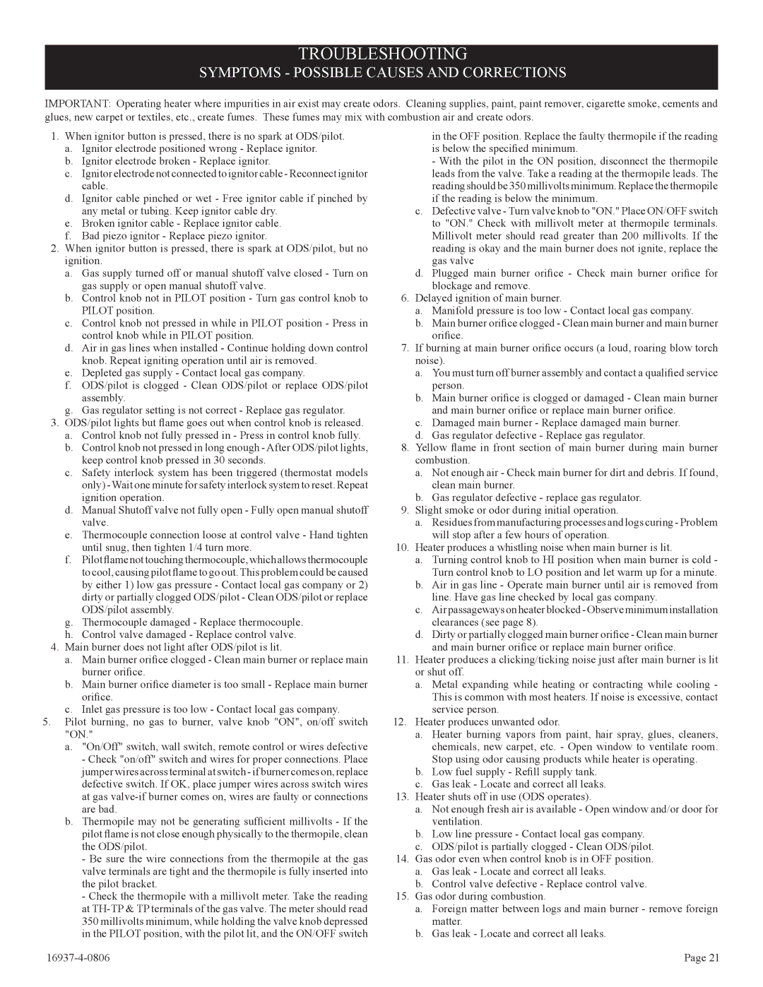 Empire Comfort Systems VFCM-25-3. VFCR-25-3, VFCT25-3 installation instructions Troubleshooting 