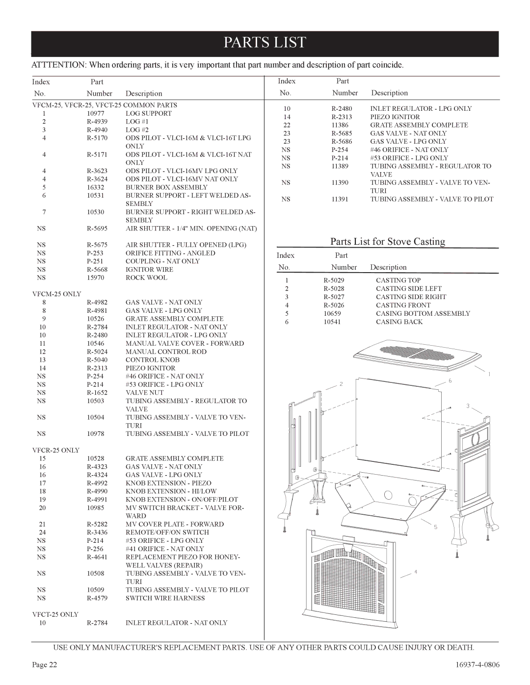 Empire Comfort Systems VFCT25-3, VFCM-25-3. VFCR-25-3 installation instructions Parts List, Index Part Number Description 