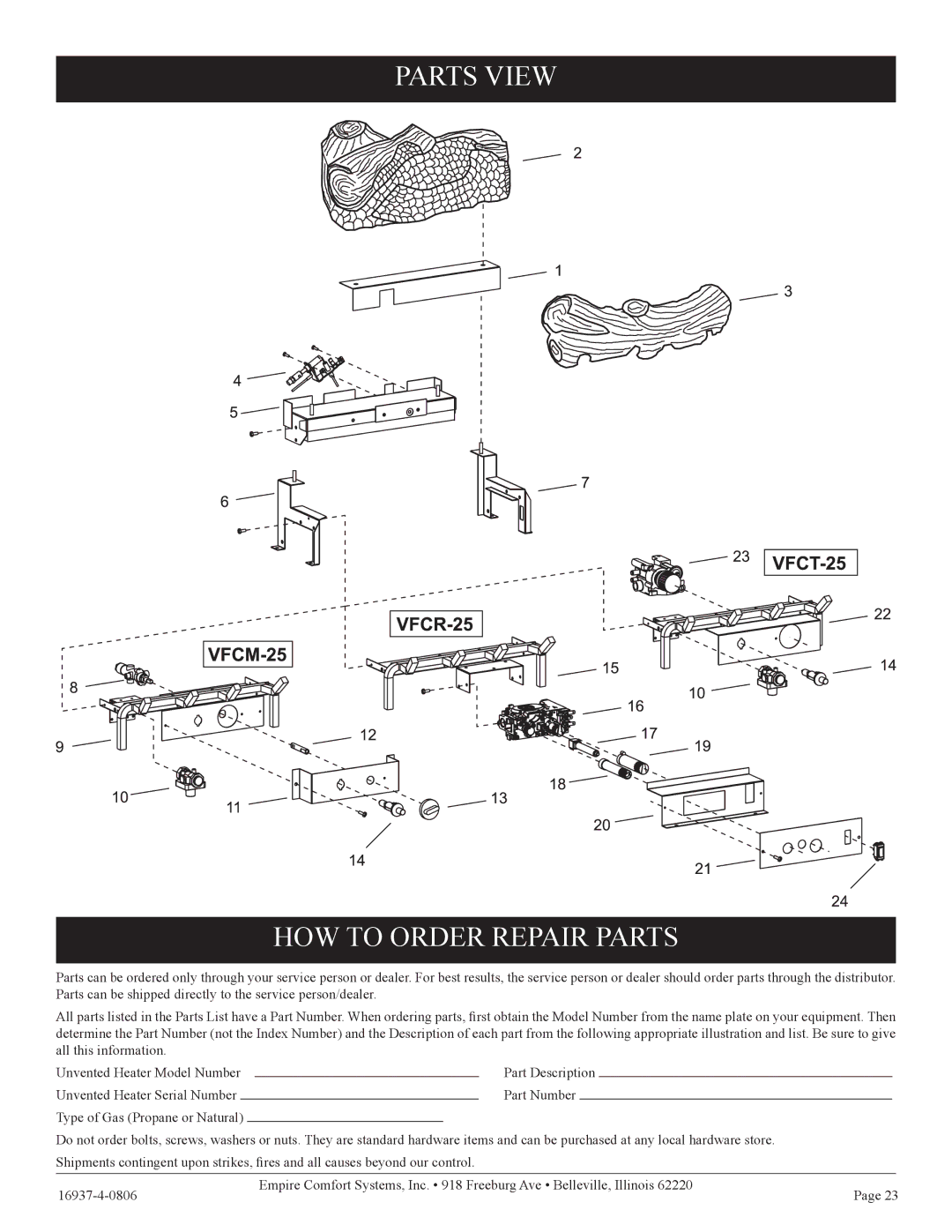 Empire Comfort Systems VFCM-25-3. VFCR-25-3, VFCT25-3 installation instructions Parts View HOW to Order Repair Parts 