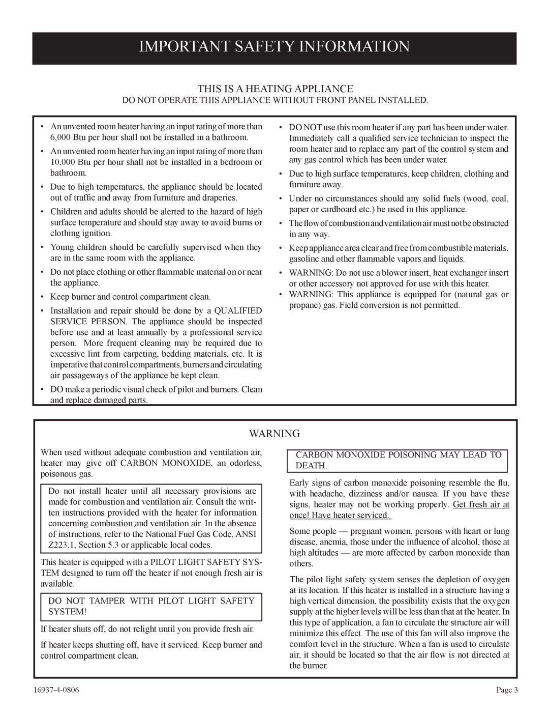 Empire Comfort Systems VFCM-25-3. VFCR-25-3, VFCT25-3 installation instructions Important Safety Information 