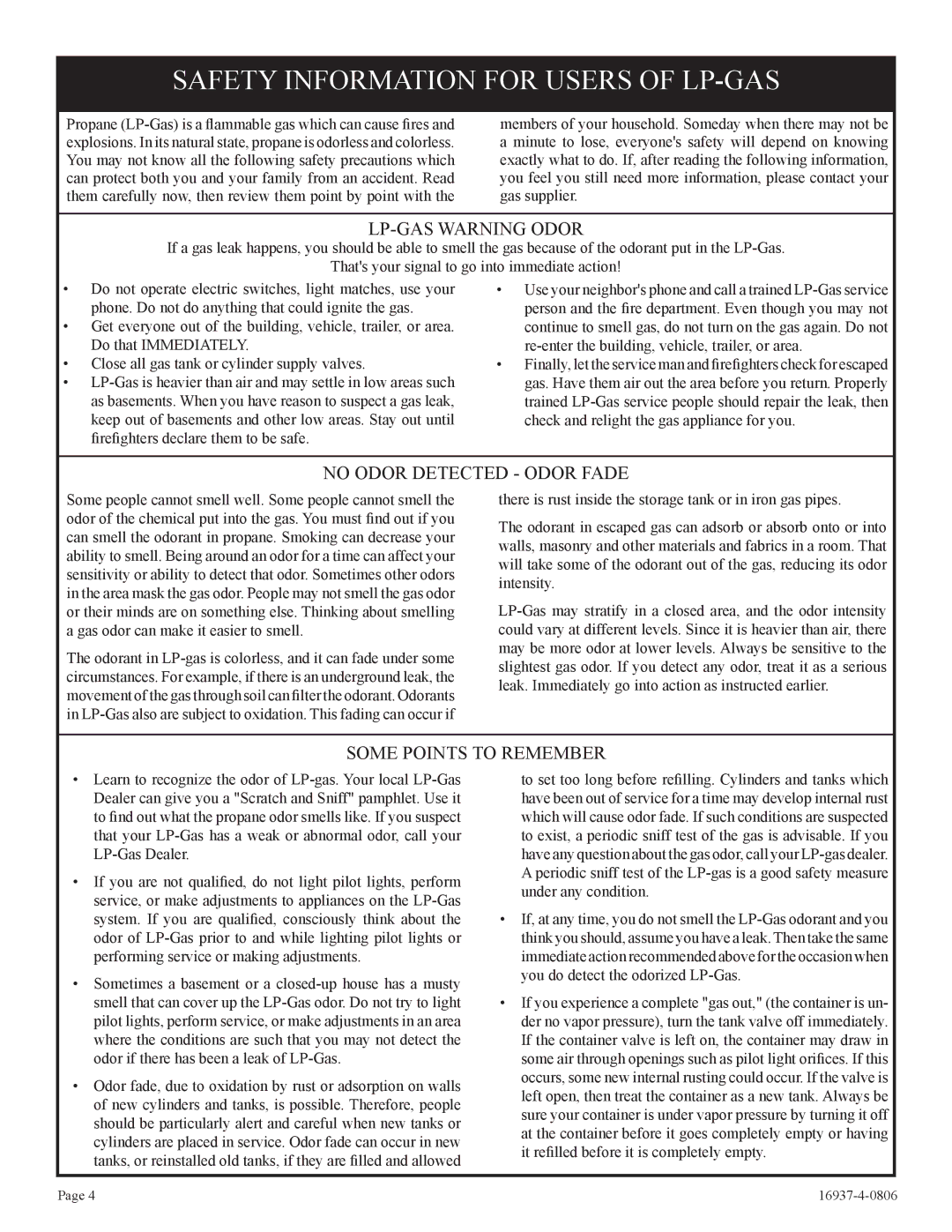 Empire Comfort Systems VFCT25-3, VFCM-25-3. VFCR-25-3 Safety Information for Users of LP-GAS, LP-GAS Warning Odor 