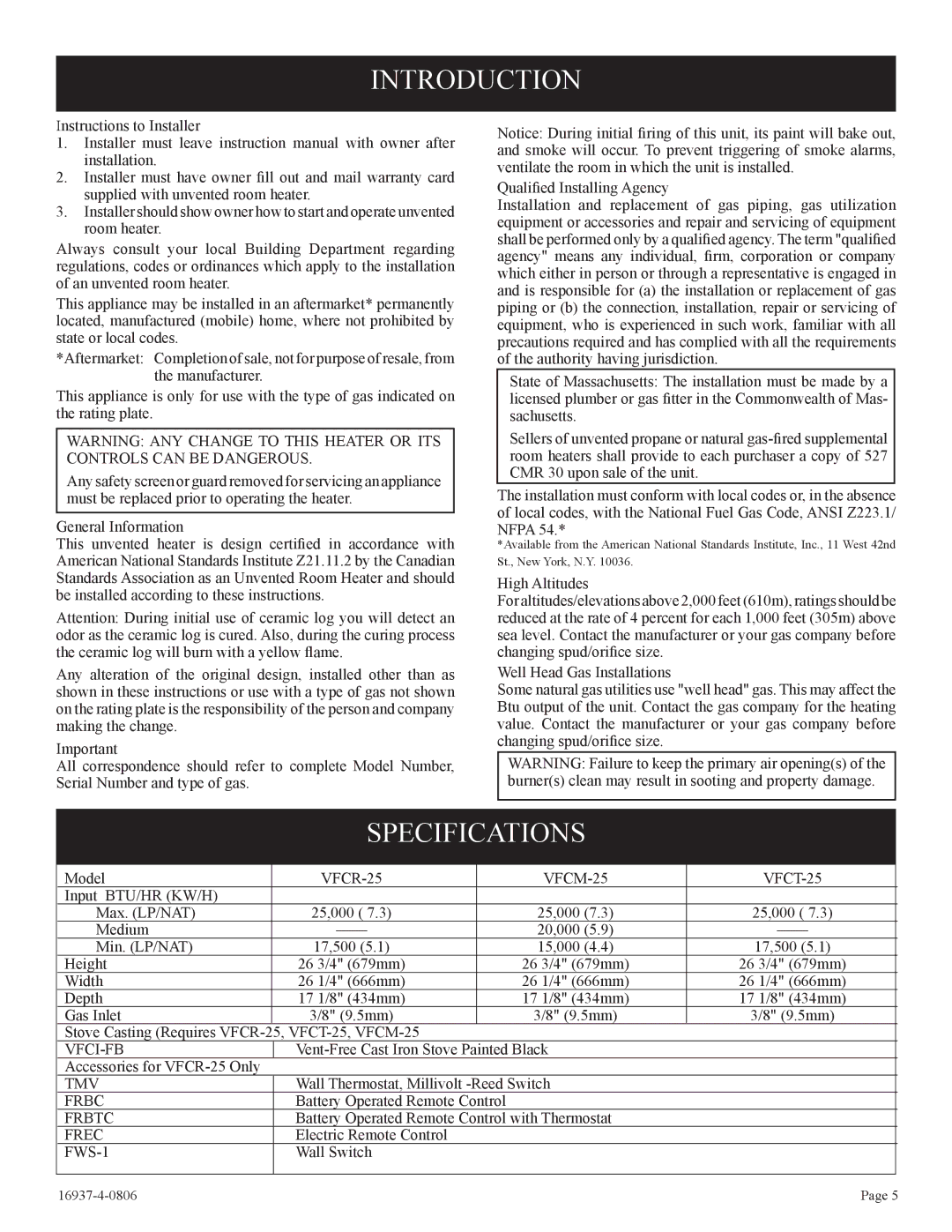 Empire Comfort Systems VFCM-25-3. VFCR-25-3, VFCT25-3 installation instructions Introduction, Specifications 