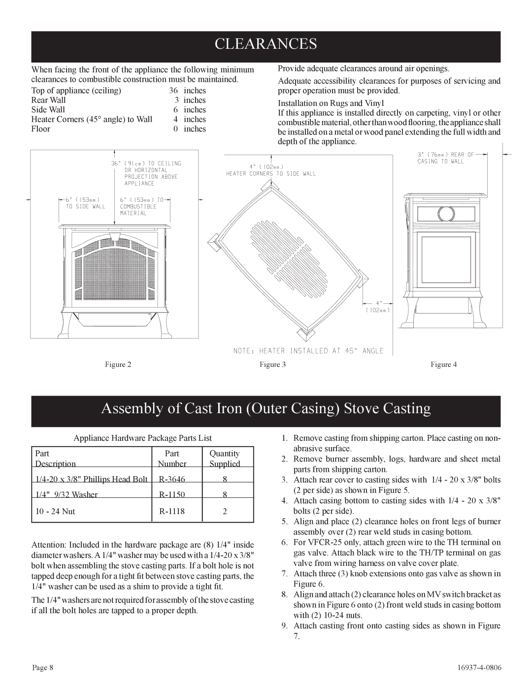 Empire Comfort Systems VFCT25-3, VFCM-25-3. VFCR-25-3 Clearances, Assembly of Cast Iron Outer Casing Stove Casting 