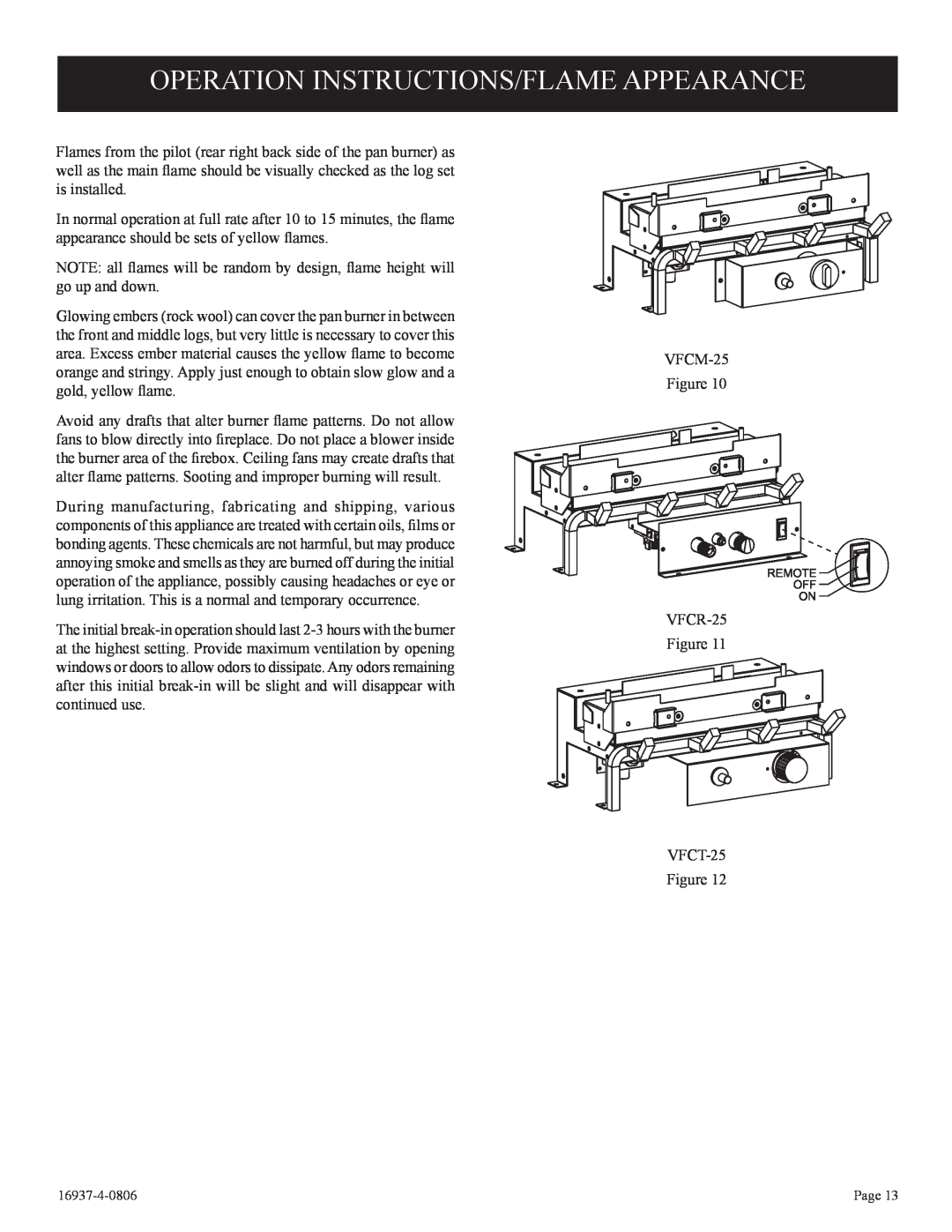 Empire Comfort Systems VFCM-25-3. VFCR-25-3, VFCT25-3 installation instructions Operation Instructions/Flame Appearance 