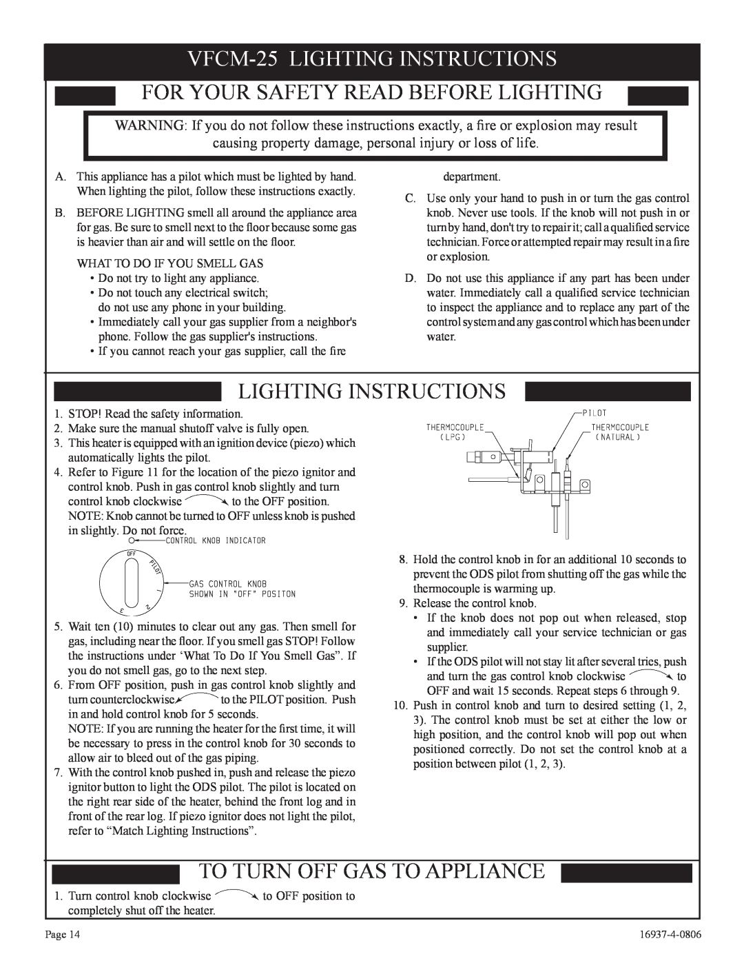 Empire Comfort Systems VFCT25-3 VFCM-25LIGHTING INSTRUCTIONS, For Your Safety Read Before Lighting, Lighting Instructions 