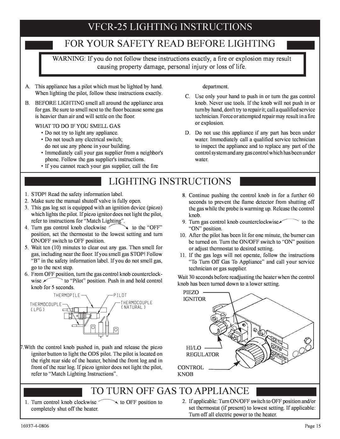 Empire Comfort Systems VFCM-25-3. VFCR-25-3, VFCT25-3 VFCR-25LIGHTING INSTRUCTIONS, For Your Safety Read Before Lighting 