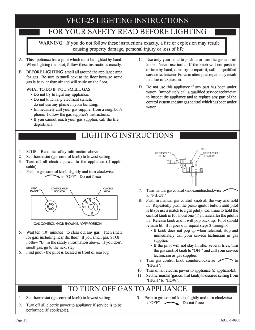 Empire Comfort Systems VFCT25-3 VFCT-25LIGHTING INSTRUCTIONS, For Your Safety Read Before Lighting, Lighting Instructions 