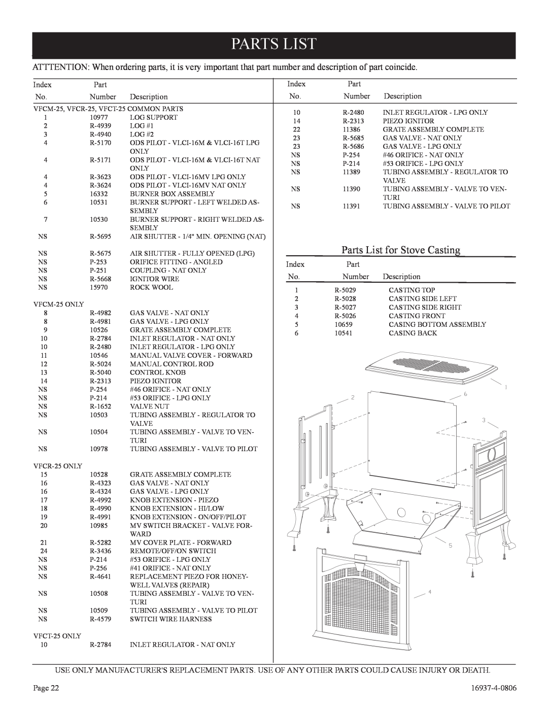 Empire Comfort Systems VFCT25-3, VFCM-25-3. VFCR-25-3 installation instructions Parts List for Stove Casting 