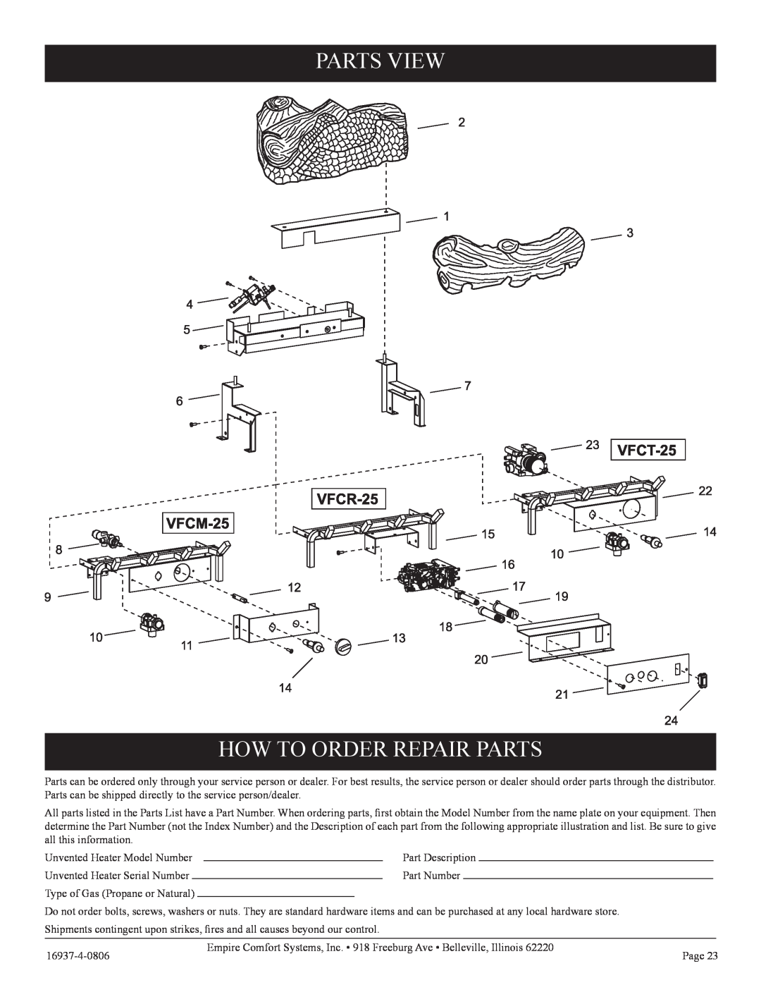 Empire Comfort Systems VFCM-25-3. VFCR-25-3, VFCT25-3 installation instructions Parts View How To Order Repair Parts 