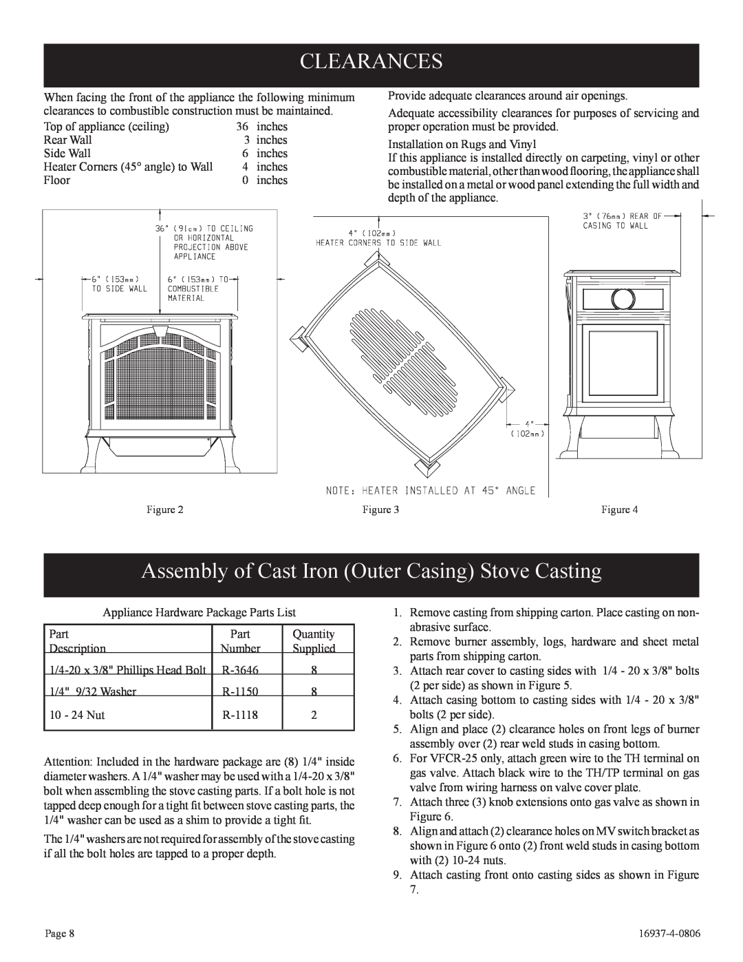 Empire Comfort Systems VFCT25-3, VFCM-25-3. VFCR-25-3 Clearances, Assembly of Cast Iron Outer Casing Stove Casting 