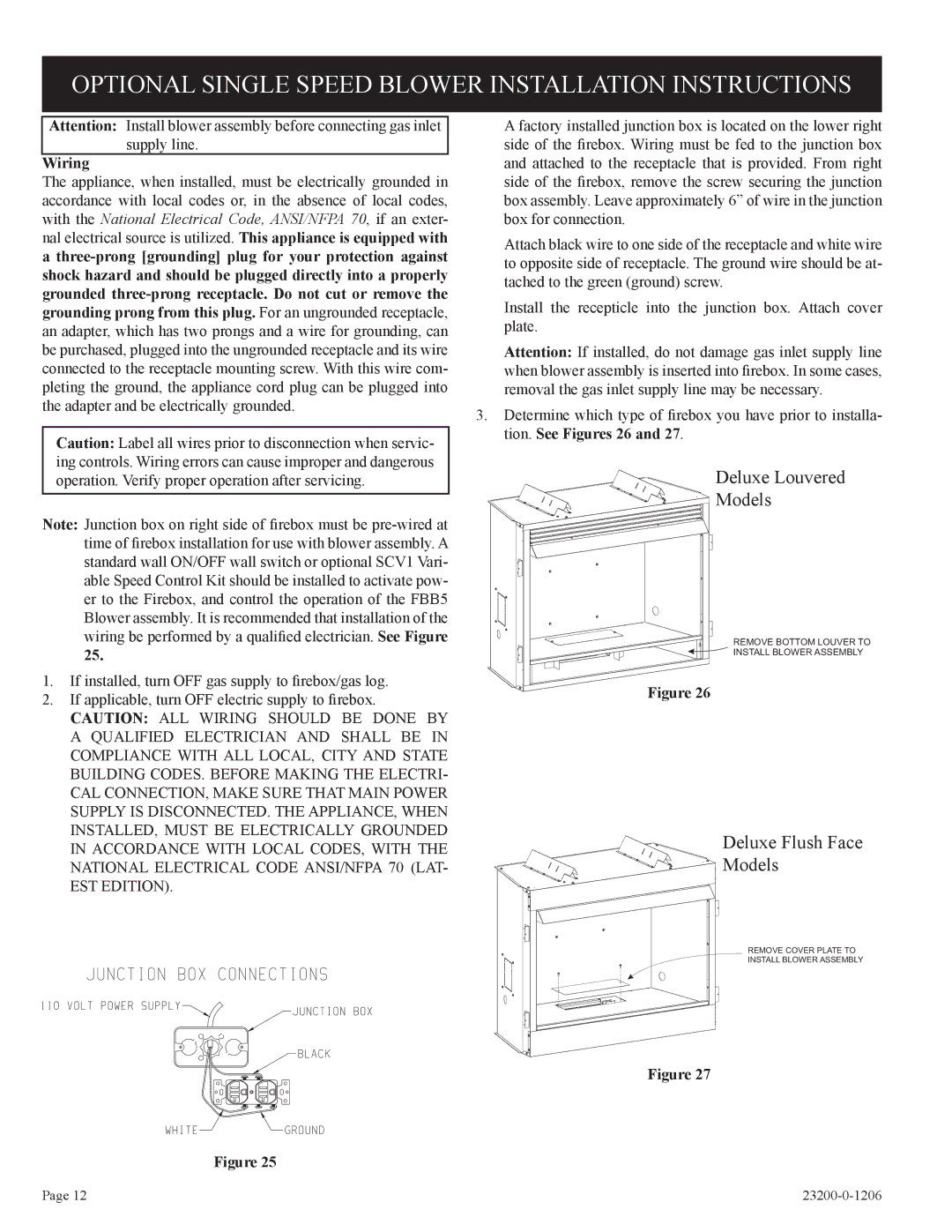 Empire Comfort Systems VFD36FB2DF-1, VFD32FB2DL-1 Optional Single Speed Blower Installation Instructions, Wiring 