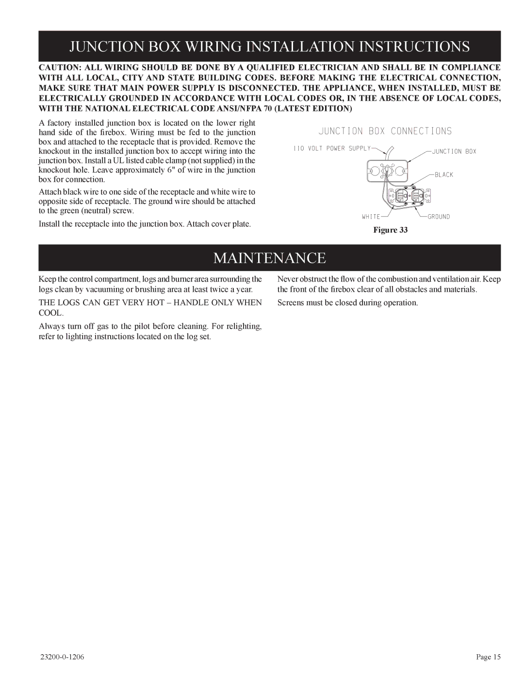 Empire Comfort Systems VFD32FB2DL-1, VFD32FB2CL-1, VFD36FB2CL-1 Junction BOX Wiring Installation Instructions, Maintenance 