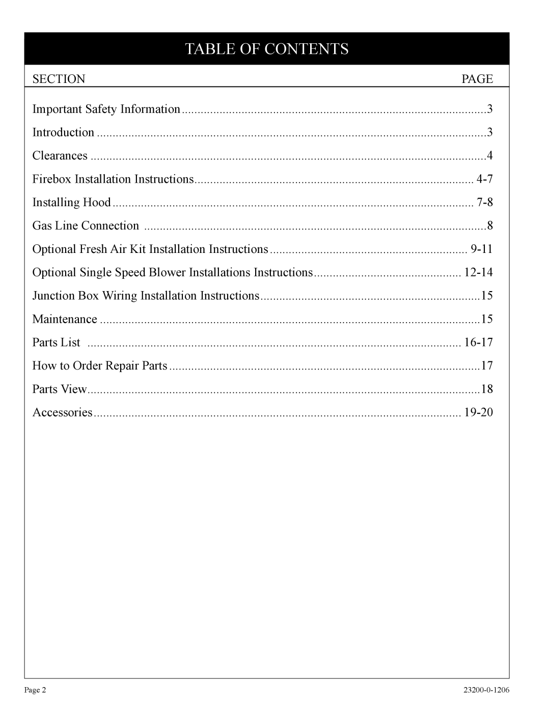 Empire Comfort Systems VFD36FB2CL-1, VFD32FB2DL-1, VFD32FB2CL-1, FD42FB2DF-1, VFD32FB0F-1, VFD32FB0L-1 Table of Contents 