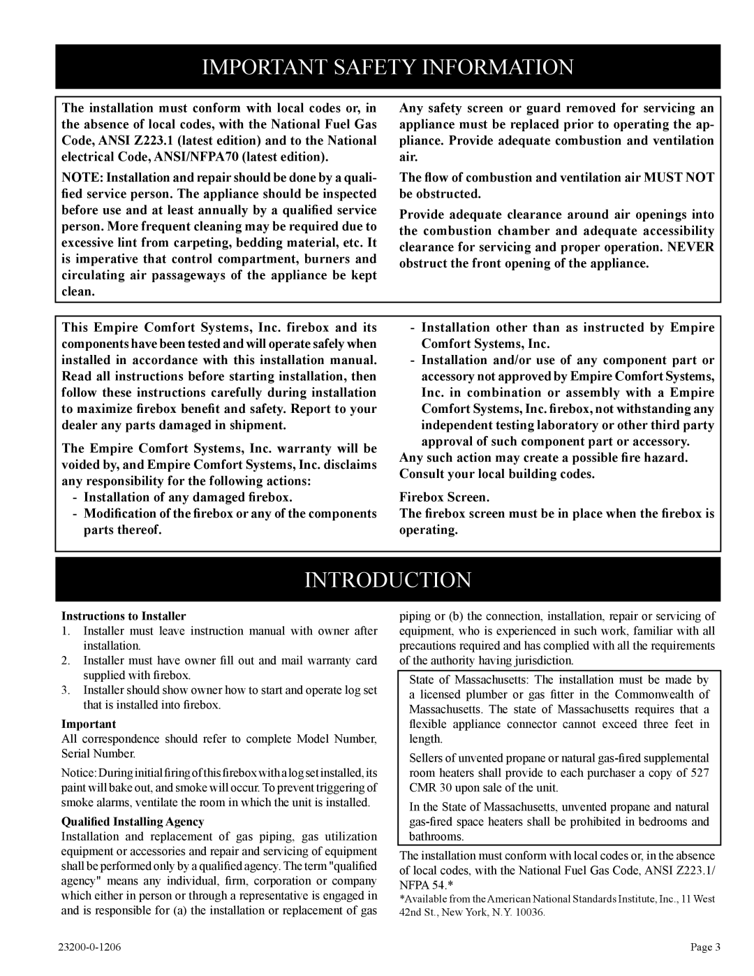 Empire Comfort Systems FD42FB2DF-1, VFD32FB2DL-1 Important Safety Information, Introduction, Instructions to Installer 