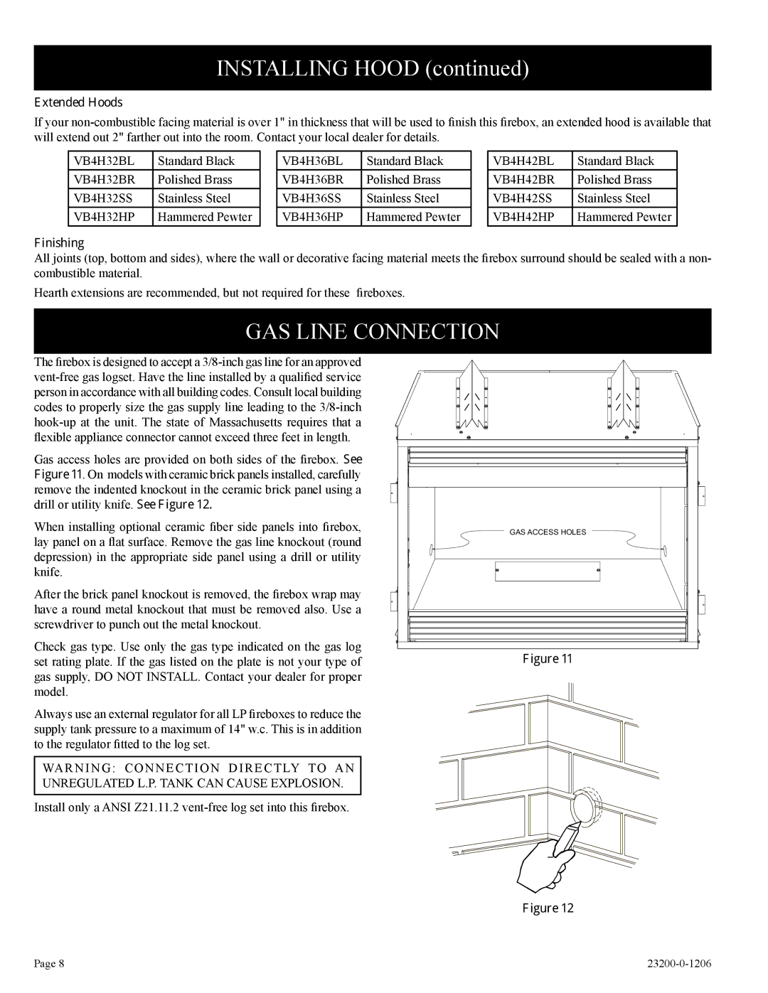 Empire Comfort Systems VFD36FB0L-1, VFD32FB2DL-1, VFD32FB2CL-1, VFD36FB2CL-1 GAS Line Connection, Extended Hoods, Finishing 