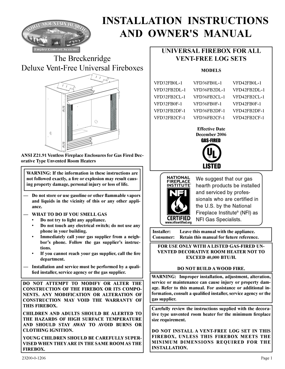 Empire Comfort Systems VFD32FB2CL-1 installation instructions The Breckenridge, Deluxe Vent-FreeUniversal Fireboxes 