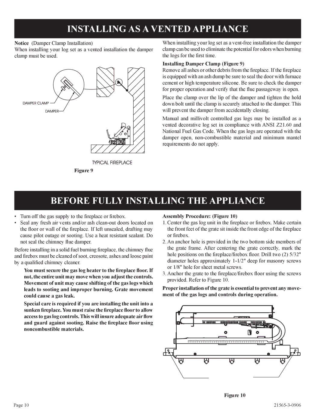 Empire Comfort Systems VFDR30LB, VFDR24LB, VFDR18LB Installing AS a Vented Appliance, Before Fully Installing the Appliance 