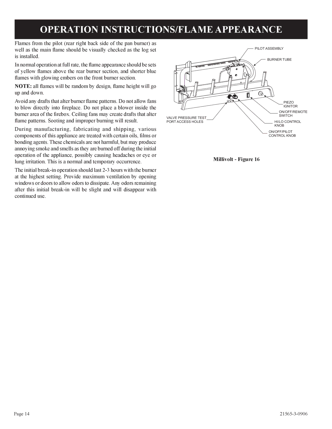 Empire Comfort Systems VFDR18LB, VFDR24LB, VFDR30LB Operation INSTRUCTIONS/FLAME Appearance, Millivolt Figure 