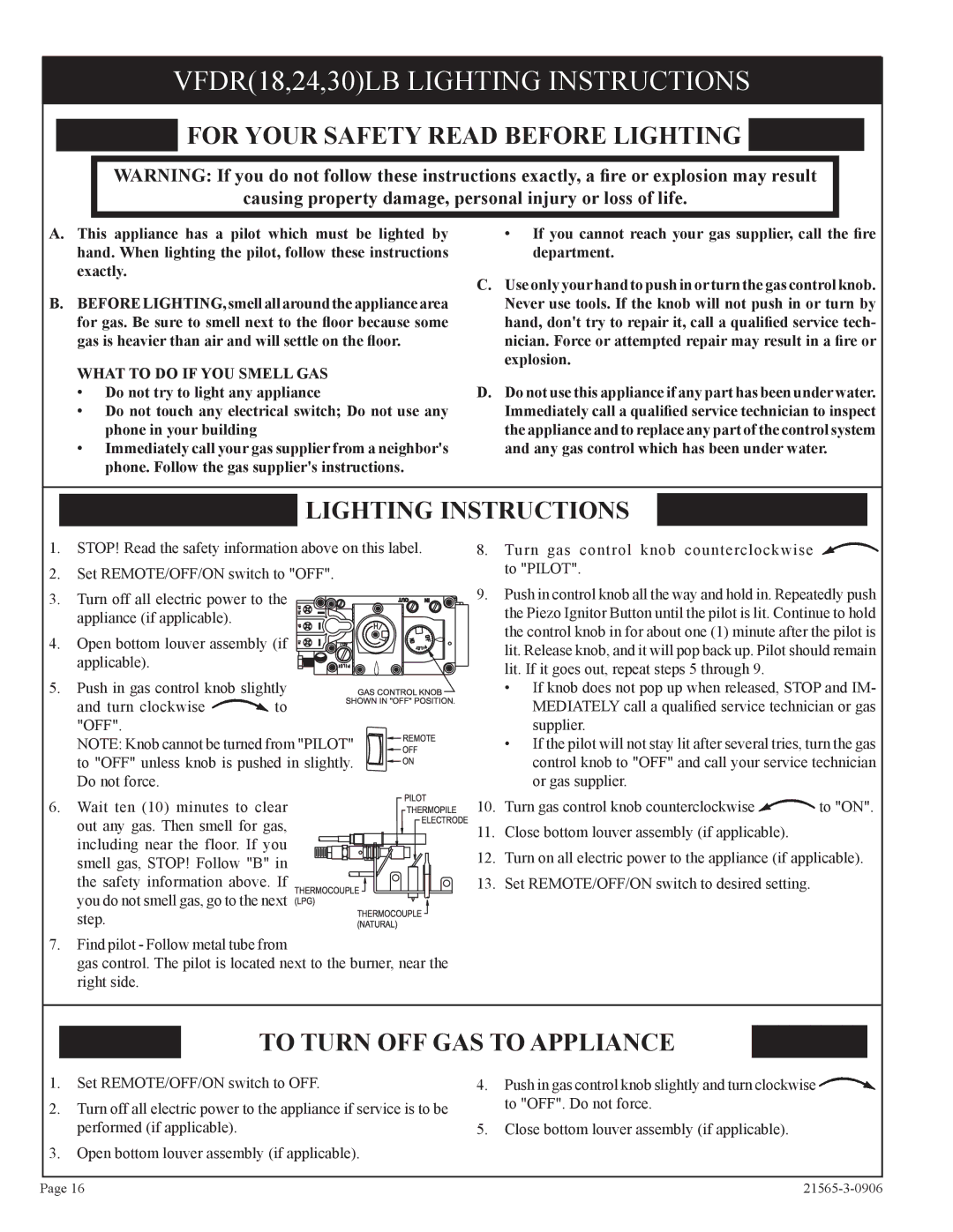 Empire Comfort Systems VFDR30LB, VFDR24LB, VFDR18LB VFDR18,24,30LB Lighting Instructions, What to do if YOU Smell GAS 