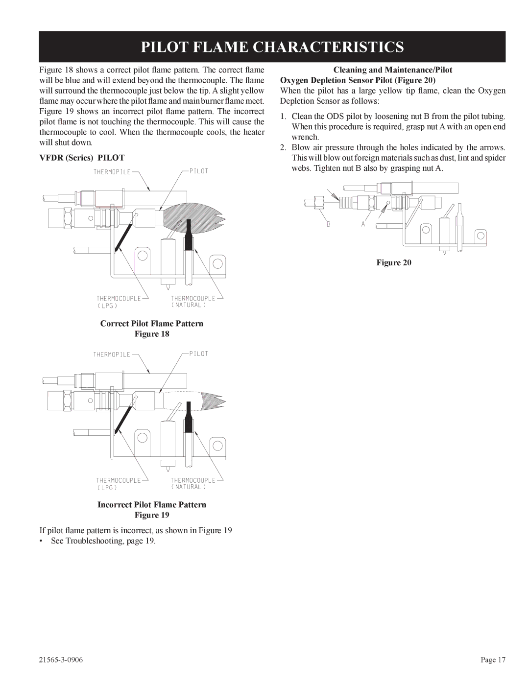 Empire Comfort Systems VFDR18LB Pilot Flame Characteristics, Correct Pilot Flame Pattern Incorrect Pilot Flame Pattern 