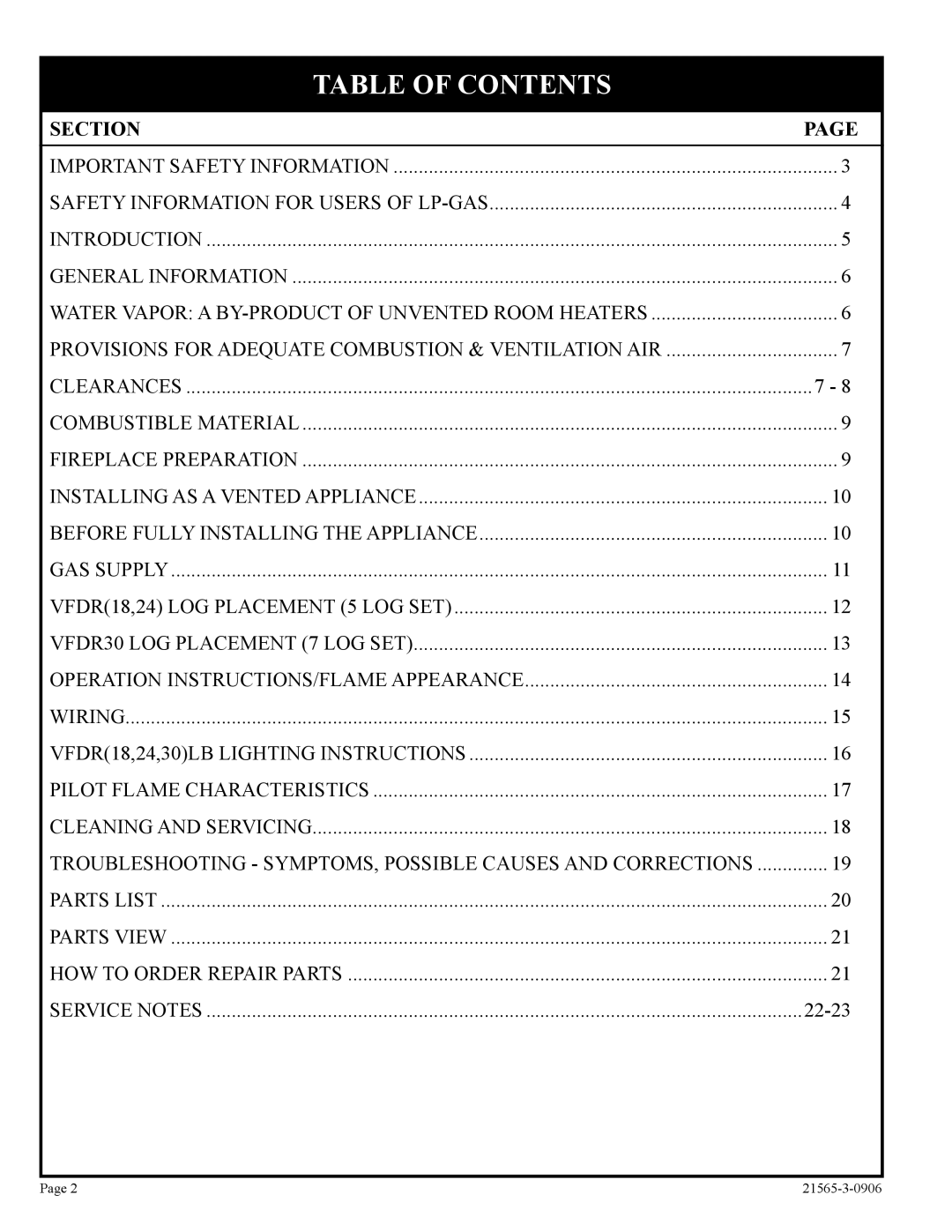 Empire Comfort Systems VFDR18LB, VFDR24LB, VFDR30LB installation instructions Table of Contents 