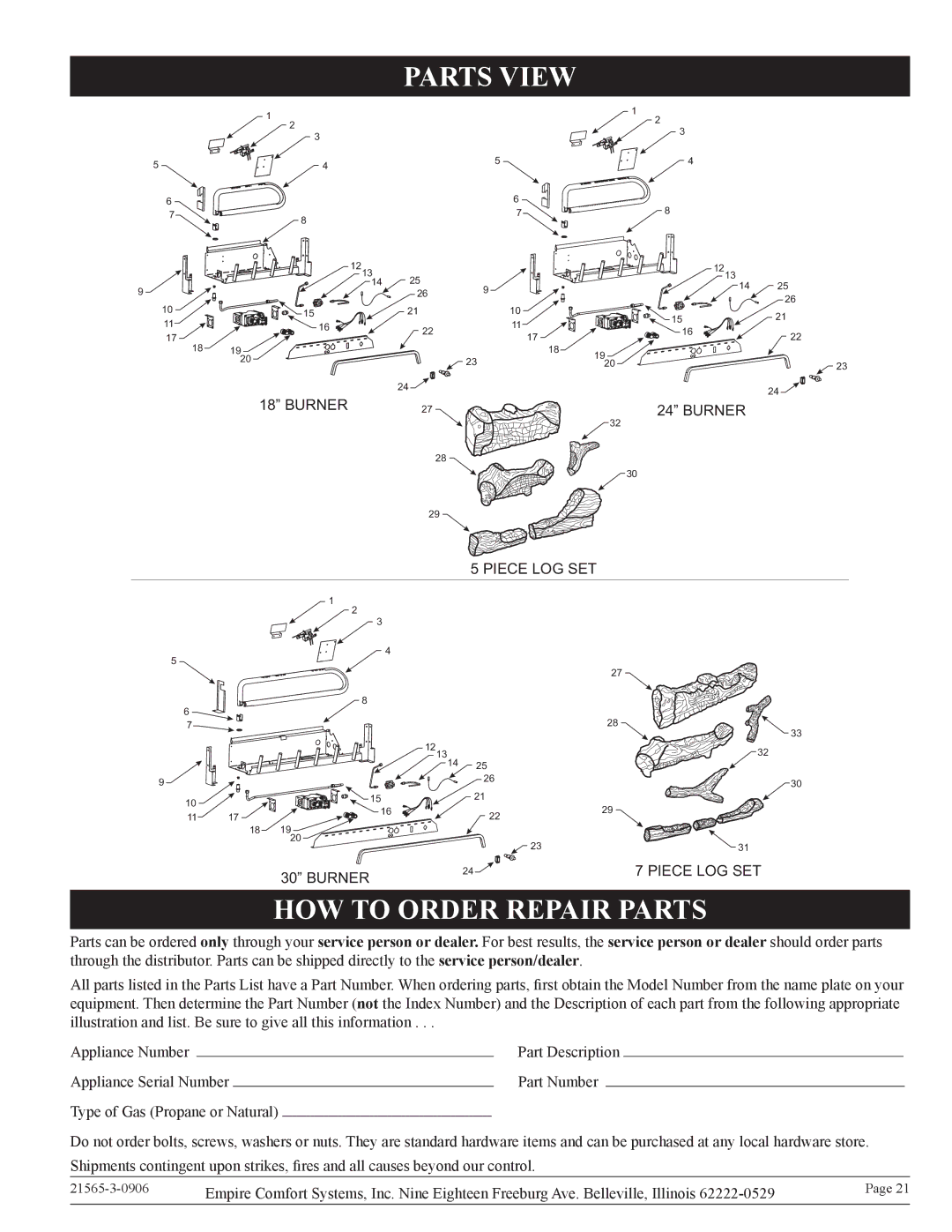 Empire Comfort Systems VFDR24LB, VFDR30LB, VFDR18LB installation instructions Parts View, HOW to Order Repair Parts 