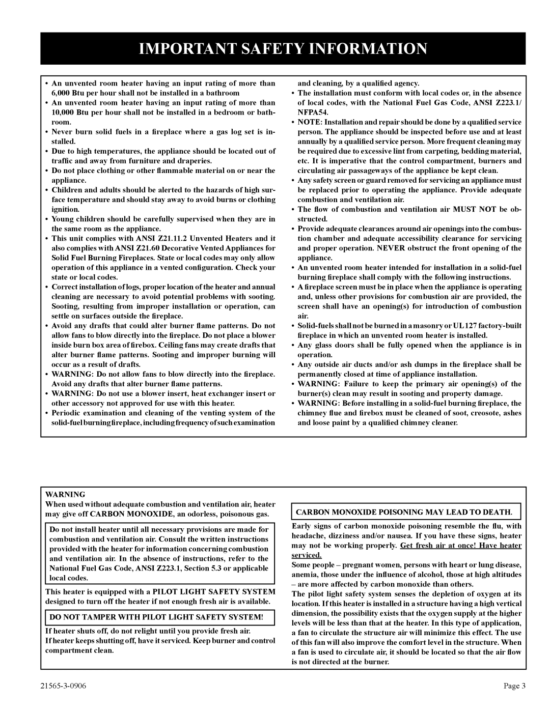 Empire Comfort Systems VFDR24LB, VFDR30LB Important Safety Information, Carbon Monoxide Poisoning MAY Lead to Death 