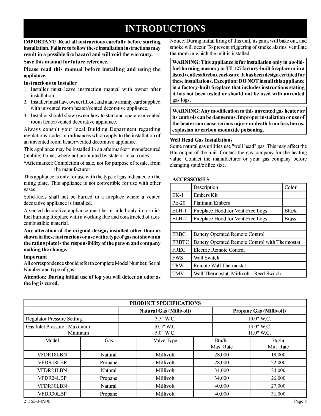 Empire Comfort Systems VFDR18LB, VFDR24LB Introductions, Well Head Gas Installations, Accessories, Product Specifications 